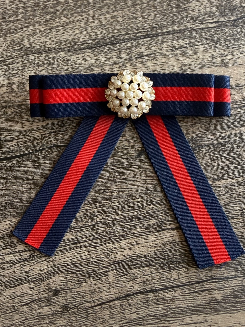 New Navy and Red Ribbon Brooch with Pearl-Crystal Center